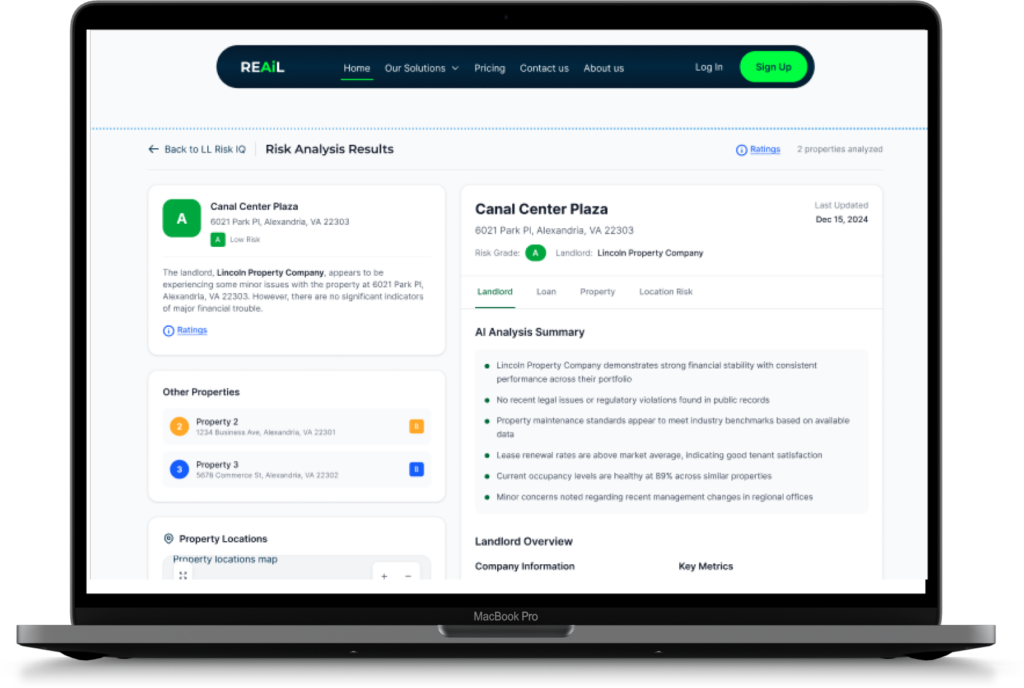 RiskREport interface showing landlord financial risk analysis and stability score